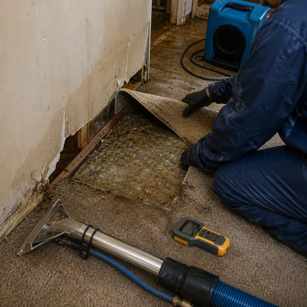 Water damage restoration professional inspecting soaked carpet with drying equipment.