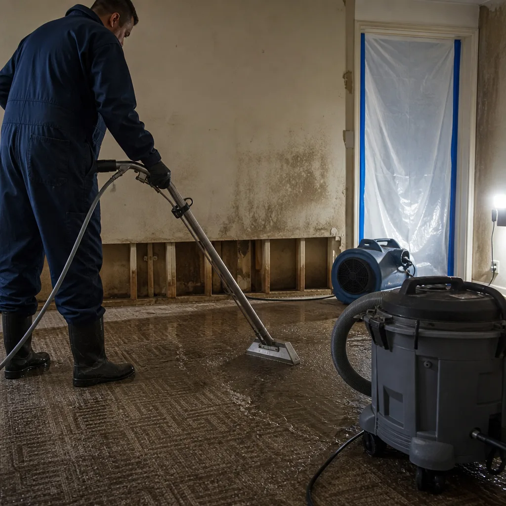 Water damage restoration technician extracting water from flooded carpet